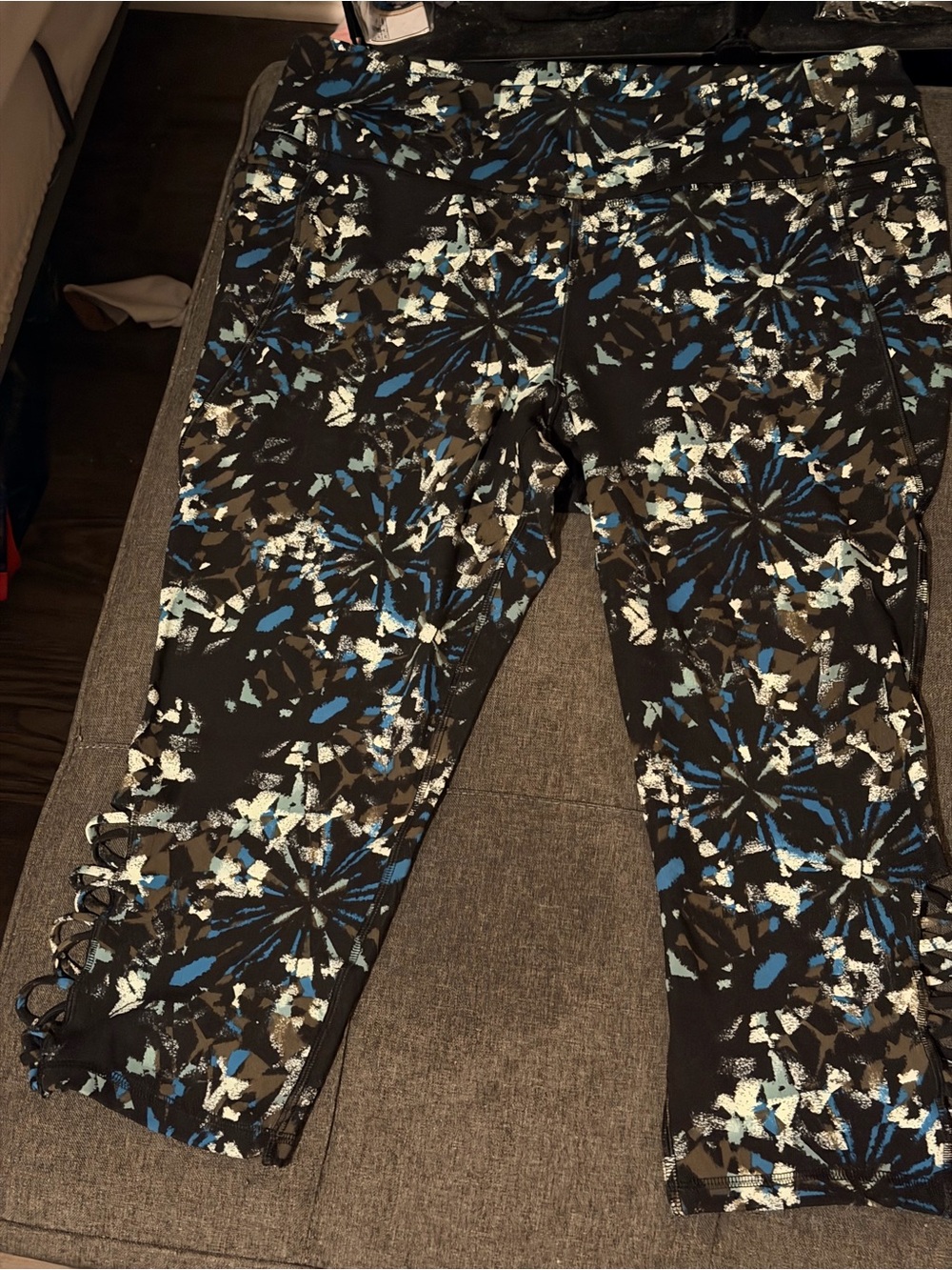 Livi Active Black Floral-Print Capri Leggings with Blue & Cream Accents